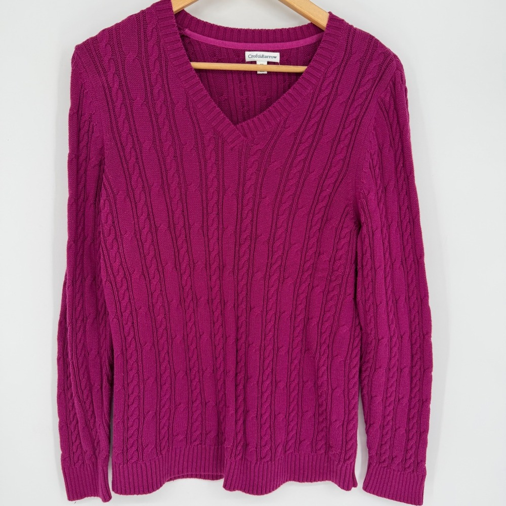 Croft & Barrow Sweater Womens Magenta Purple Cable Knit V-Neck Cotton XL Preppy